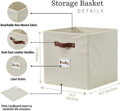 DECOMOMO Storage Bins - Fabric Cube Storage Bins with Labels for Shelves | 10.5" x 11" | Beige (2pcs)