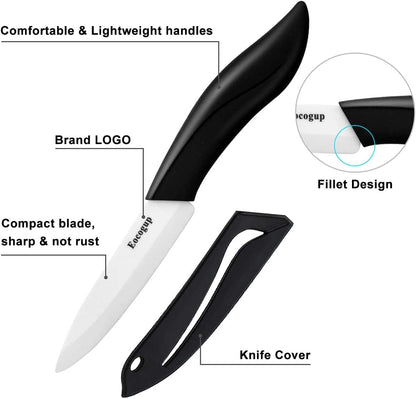 Paring Knife with Large Handle, Super Sharp 4 Inch Ceramic Blade, Rust Proof Stain Resistant, ABS Handle, Black