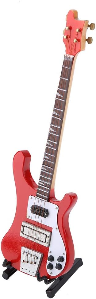 Red Miniature Bass Guitar Wood Replica Model Ornament - Adjustable Stand Mini Art Projects Christmas Gift