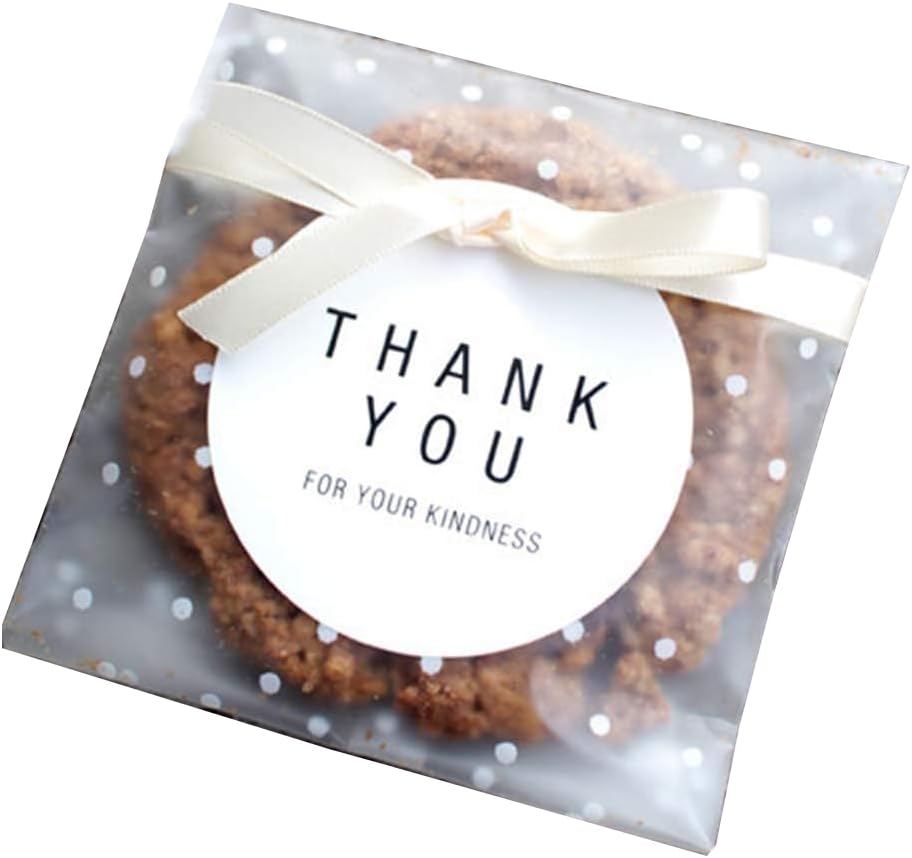 Vasdoo Self Adhesive Treat Cellophane Cookie Bag - White Polka Dot Party Favor Bag (5.5 x 5.5 inches, 100 Pcs)