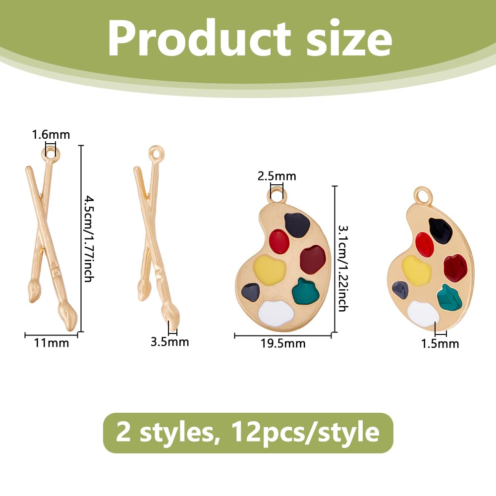 DICOSMETIC 24Pcs 2 Styles Artist Paint Charms Alloy Paint Brush Palette Charms Matte Gold Enamel Art Paintbrush Charm Art Teacher Gifts for DIY Necklace Earring Jewelry Making