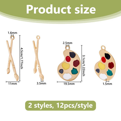 DICOSMETIC 24Pcs 2 Styles Artist Paint Charms Alloy Paint Brush Palette Charms Matte Gold Enamel Art Paintbrush Charm Art Teacher Gifts for DIY Necklace Earring Jewelry Making