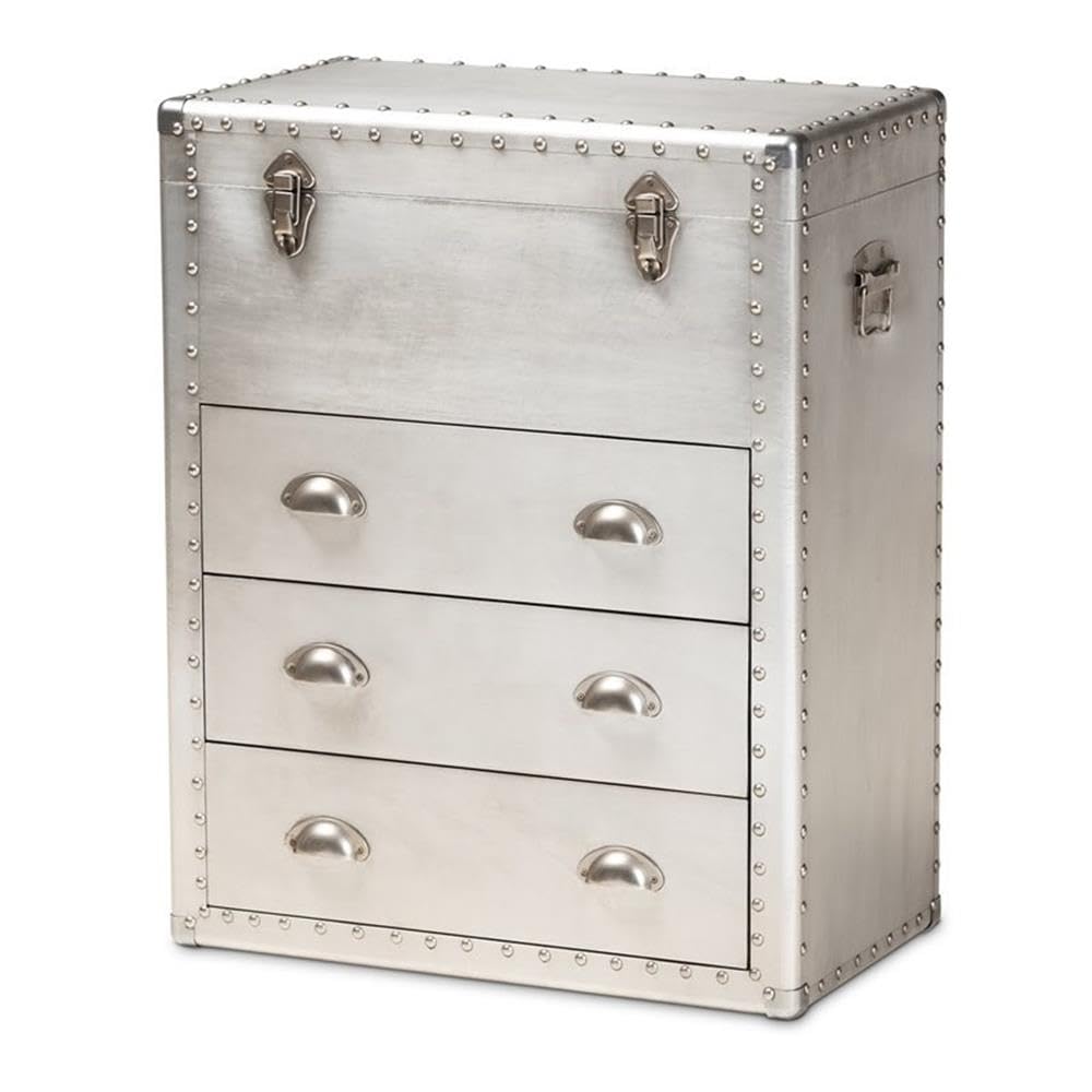 BOWERY HILL 3-Drawer Mid-Century Metal Accent Storage Chest, Silver Finish, Wood and Metal Construction, Vintage-Inspired Rivet Details, Lift-Top Compartment, Bedroom, Living Room, or Entryway Use