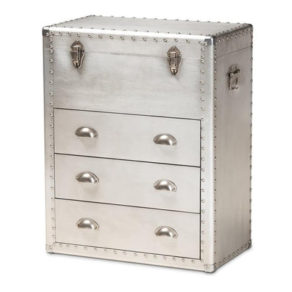 BOWERY HILL 3-Drawer Mid-Century Metal Accent Storage Chest, Silver Finish, Wood and Metal Construction, Vintage-Inspired Rivet Details, Lift-Top Compartment, Bedroom, Living Room, or Entryway Use