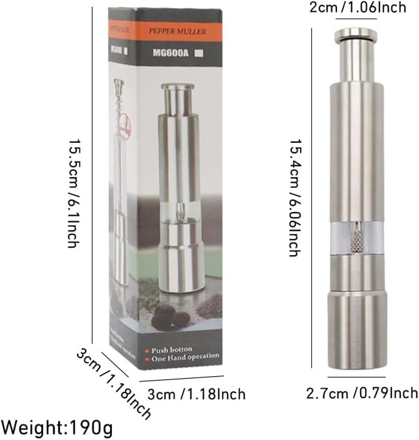 Premium Stainless Steel Salt Grinder, Pepper Mill for Peppercorns, Sea Salt, Thumb Push Button for 1 Hand Operation