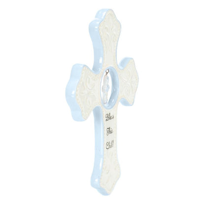 DEMDACO Bless This Child Wall Cross - Blessing Cross for Baby - Faith Nursery Decor - Gift for Newborn - Religious Christian Wall Hanging - Porcelain - Gift Box Packaging - Blue