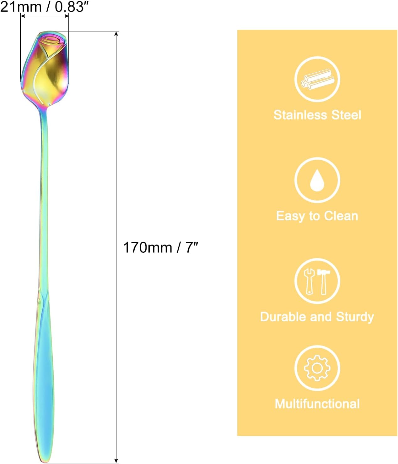 uxcell 7 Inch Stainless Steel Coffee Spoons, Rose Flower Shape Spoons for Ice Tea, Dessert, Colorful