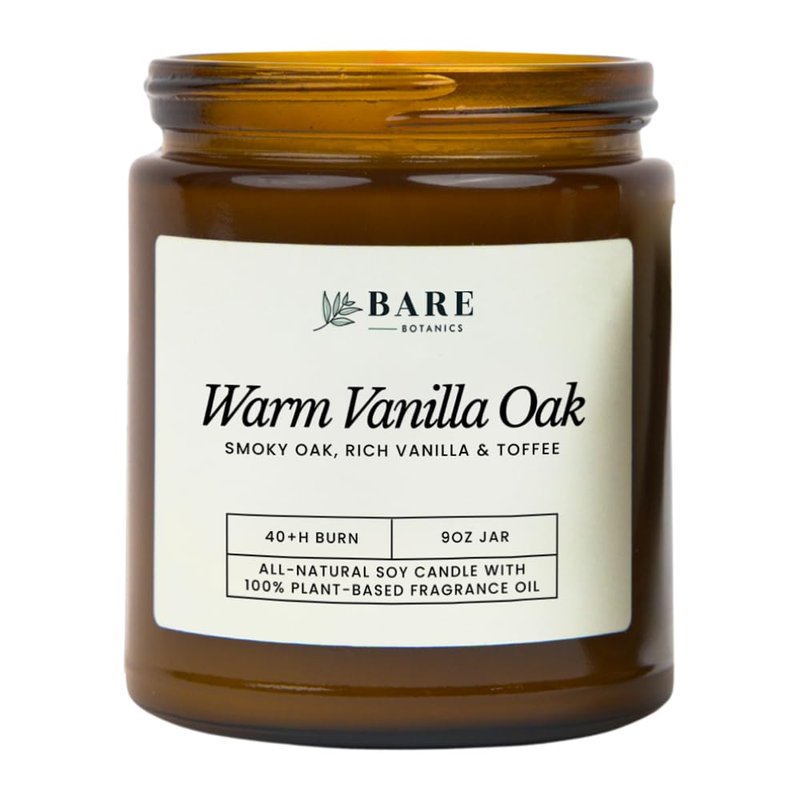 Bare Botanics Warm Vanilla Oak 9oz Soy Candle - 100% Plant-Based Fragrance Oils - Premium, Non-Toxic Candle - Softly Scented Natural Soy Wax - Handpoured in WI - 40 Hrs Long Burning & Ready to Gift