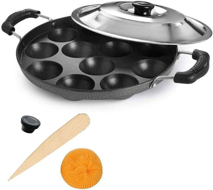 Nonstick Aluminum Appam Pan with 12 Pits and Lid, Easy to Clean, Dimensions: 9" Length x 9" Width x 2" Height
