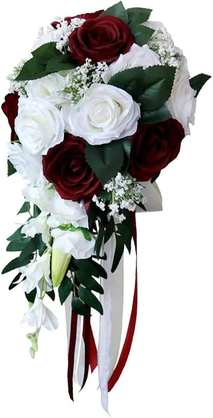 Artificial Rose Bouquet for Wedding Bride, White + Wine Red Bouquet for Home Holiday Party Supplies