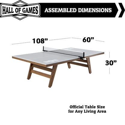Hall of Games Ping Pong Table, 9ft x 5ft Official Size, 18mm Water-Resistant Gray Top, 2-Piece with Metal Braces, Woodgrain Legs, 2.5in Adjustable Leg Levelers, Clip-On Net, and Easy Assembly