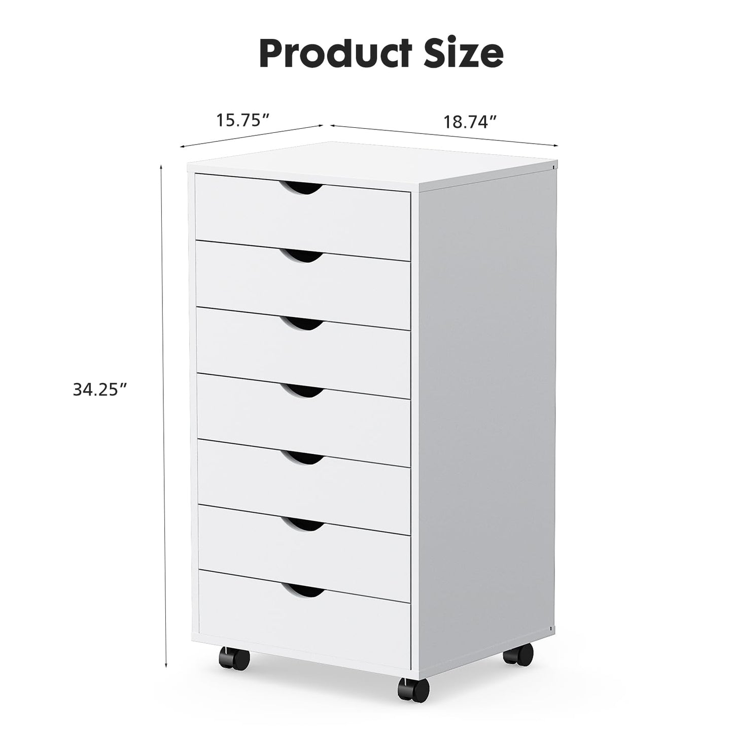 OLIXIS 7 Drawer Mobile File Cabinet Under Desk Storage Organization with Wheels Vertical Filing Chest Rolling Wood Small Desk Printer Stand for Home Office, 15.75"D x 18.74"W x 34.25"H, White