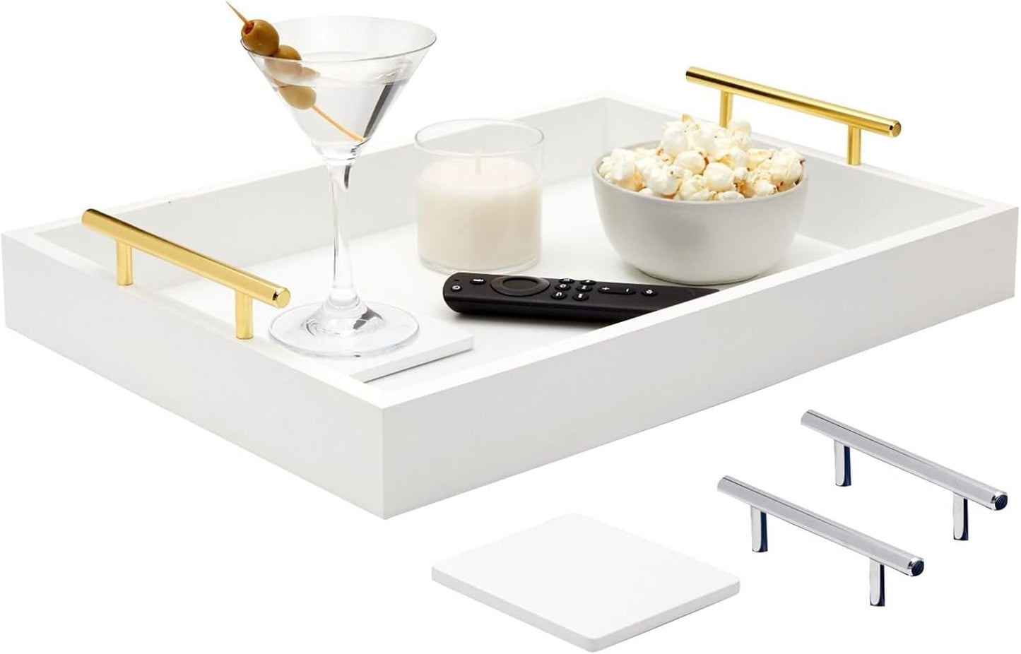 15.7" 11.8" 3.1" Juvale Ottoman Tray with Coasters & Interchangeable Gold & Silver Handles - x x - White Rustic Wood
