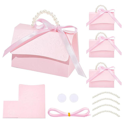BENECREAT 16Set Wedding Favors Box DIY Set, Pink Kraft Paper Box with Pearl Handle, Ribbons, Stickers, Gift Boxes for Birthday, Party Favor, Boutique, Wedding and Anniversary