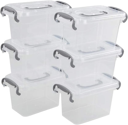 1.5 L Tiny Plastic Bins with Gray Handle, Mini Storage Box Organizer, 6-Pack