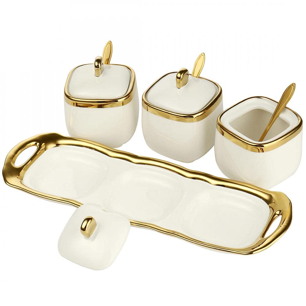 Set of 3 Porcelain Condiment Jar Spice Container with Lids, Ceramic Sugar Bowls Condiment Pots Spice Jars Seasoning Box Set, Best Spice jar for Your Home, Kitchen, Counter (White suit)