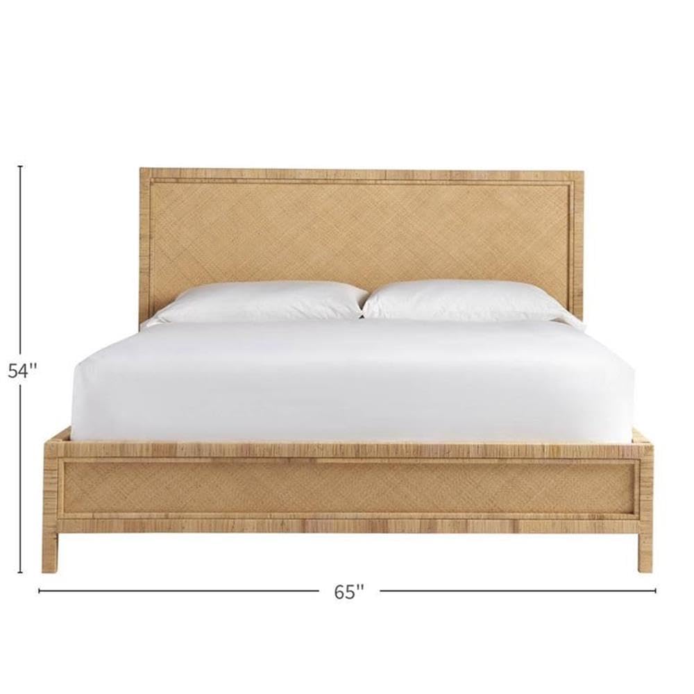 MAKLAINE Coastal King Bed, Wicker Rattan Frame, Mahogany Finish, Slat Kit Included, Natural Raffia Design, Beach-Inspired Bedroom Furniture