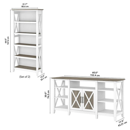 Bush Furniture Key West Tall TV Stand with Set of 2 Bookcases, Farmhouse Entertainment Center for 65 Inch Television, 17D x 60W x 66H, Pure White and Shiplap Gray