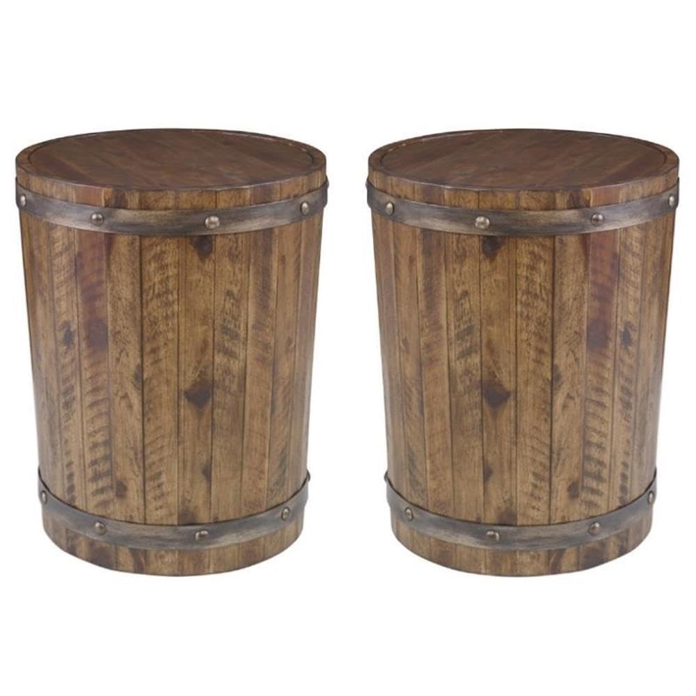 Home Square 19" Round Wine Barrel Accent End Table in Walnut - Set of 2