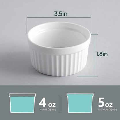Porcelain Ramekins 4 oz Oven Safe, Small Souffle Dishes for Baking, Set of 6 Ceramic White Mini Bowls