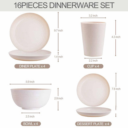 Rubtlamp Wheat Straw Dinnerware Sets, 16PCS Plastic Dinnerware Set for 4, Wheat Straw Plates and Bowls Sets, Unbreakable Dinnerware Plastic Microwave Safe Dishes Set for Kitchen&Camping