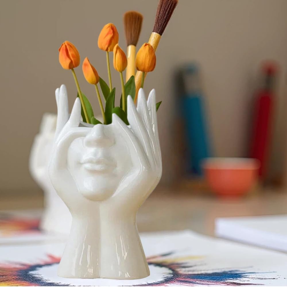 Babluble Paint Brush Holder,Ceramic Brush Organizer,Art Supply Organizer for desk,Small Flower Vase (White, Small)