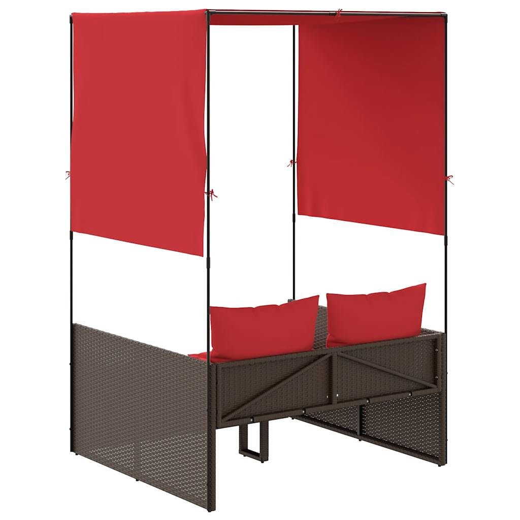 KNERPWD Double Sun Lounger with Cushions for Patio, Brown Red Outdoor Lounger for Two, Metal Frame and Synthetic Rattan Sunbed for Garden or Pool