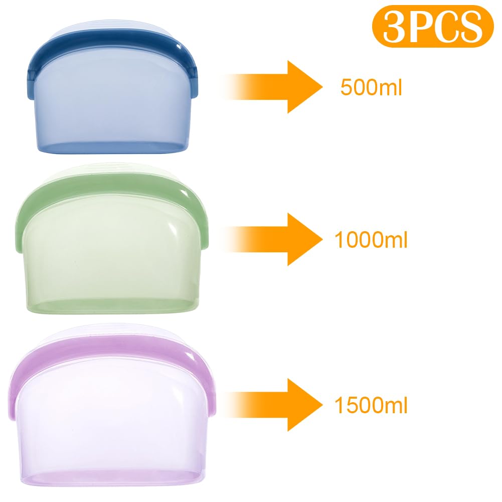 POETRYDRAW 3 Pcs Reusable Silicone sealed Food Storage Bags, Multi-Role Food Storage Bags, Leak Proof, Freezer Safe, Microwave Safe, Dishwasher Safe, Eco-friendly