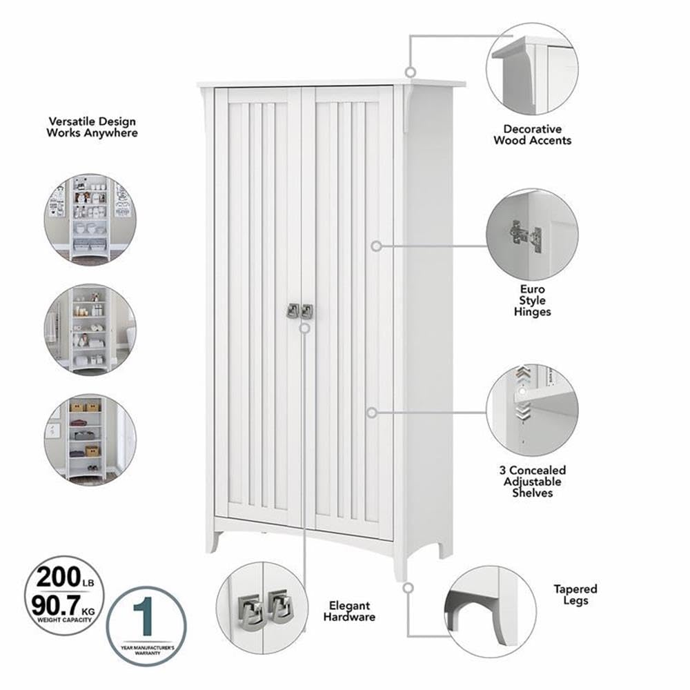 Bush Home Salinas Tall Storage Cabinet with Doors in Shiplap Gray and Pure White, Office Storage Unit, Organizer for Home or Workspace, Adjustable Shelving