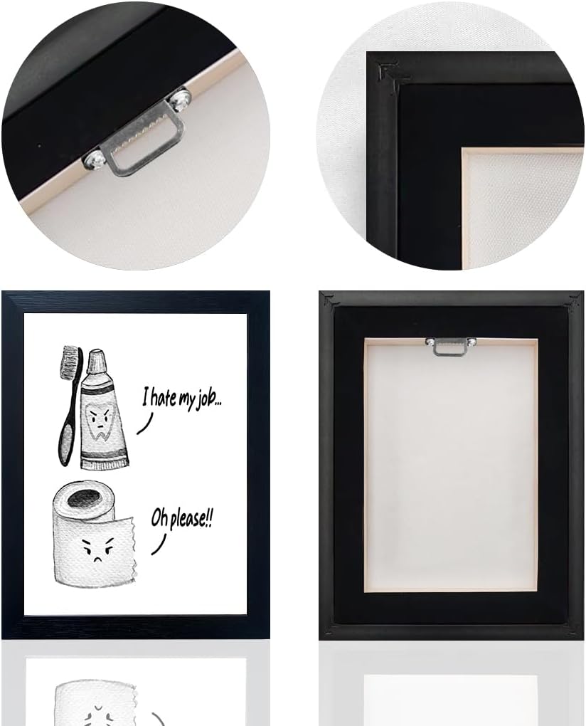 Regine Switzerland Kids Bathroom Decor - Funny Black and White Wall Art Print | Framed Toilet Paper & Toothbrush Design