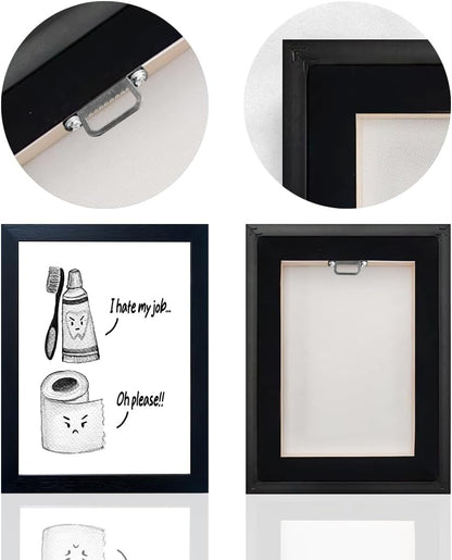 Regine Switzerland Kids Bathroom Decor - Funny Black and White Wall Art Print | Framed Toilet Paper & Toothbrush Design