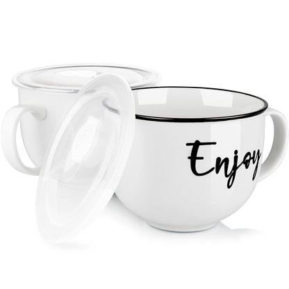 DAYYET Soup Mugs with Handles and Vented Lids, 26 oz Microwavable Soup Bowls, Ceramic Mugs Set for Overnight Oats, Cereal, Noodles, Ramen, Pasta, Salad, Oversized Coffee Mugs, Set of 2, White
