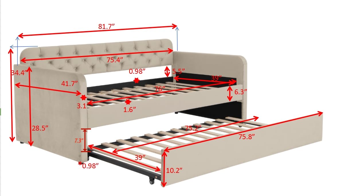GDFStudio Twin Size Daybed with Trundle, Velvet Upholstered Twin Bed Frame with Headboard & USB Charging Station, Tufted Wood Platform Sofa Bed, Solid Slap Sofa Bed, No Box Spring Needed, Light Beige