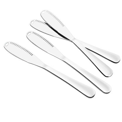Sirmme Butter Knife 4 PCS, Stainless Steel Spreader with Curler & Grater Holes, Serrated Cutter Edge for Easy Slice & Spread, Ideal for Hard or Soft Butter - 3 in 1 Better Kitchen Gadgets
