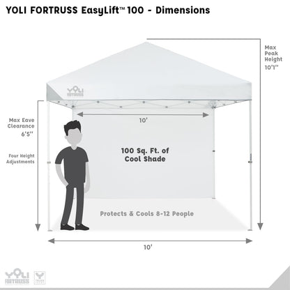 YOLI FORTRUSS EasyLift 10’x10’ Pop Up Instant Canopy with Reinforced Y-Truss Frame, 99% UV Protection, Water Resistant & Fire-Retardant Top, 4 Height Settings with Sidewall and Wheeled Carry Bag