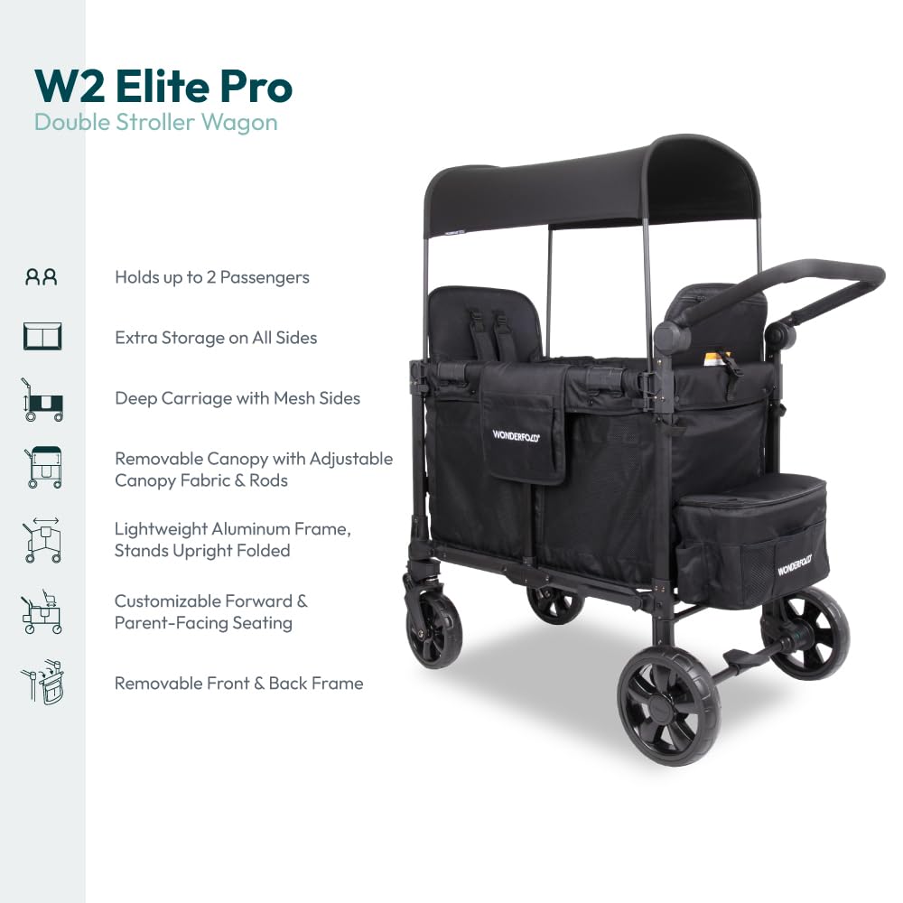 WonderFold W2 Elite Pro Stroller Wagon - Foldable Wagon with Aluminum Frame - Adjustable Canopy & Push Handle - All-Terrain Wheels - for Babies, Toddlers & Kids - 4 Seater - Jet Black