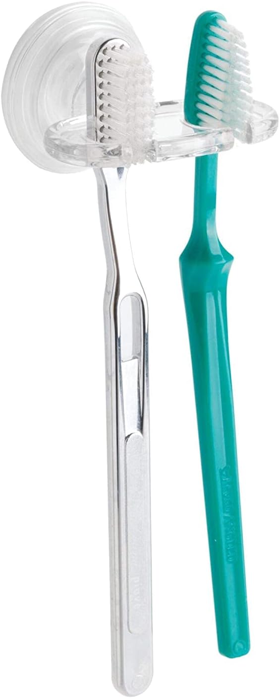 iDesign BPA-Free Plastic Bathroom Suction Toothbrush Holder, 2.75" x 2.25" x 2", Clear