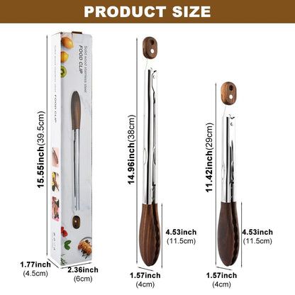 2 Pcs Wooden Tongs for Cooking & Serving Food, 12 & 15 Inch Stainless Steel Kitchen Salad Tongs with Walnut Wood Tip, Cooking Utensils Set for Salad BBQ and Serving Food