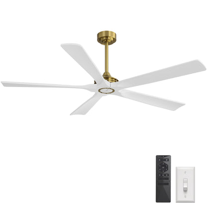 WINGBO 60 Inch Ceiling Fan without Light - 5 Carved Solid Wood Blades, 6-Speed Reversible DC Motor, Noiseless Remote Control Ceiling Fan No Light for Bedroom Living Room Kitchen, Gold and White