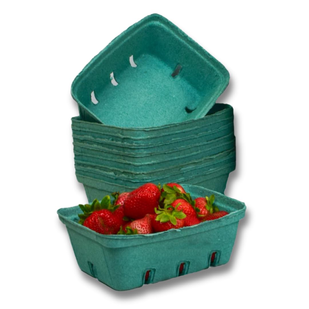 JAK Industrial 25 Pack Green Molded Pulp Fiber Berry/Produce 1.5 Quart Basket - Large Berry Basket