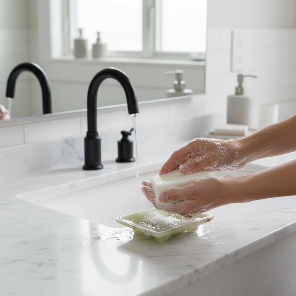 Luxury Handmade Green Calcite Crystal Soap Dish Holder with Drain for Bathroom and Shower, Best Bath Products & Sponge Tray for Kitchen & Housewarming Gifts.
