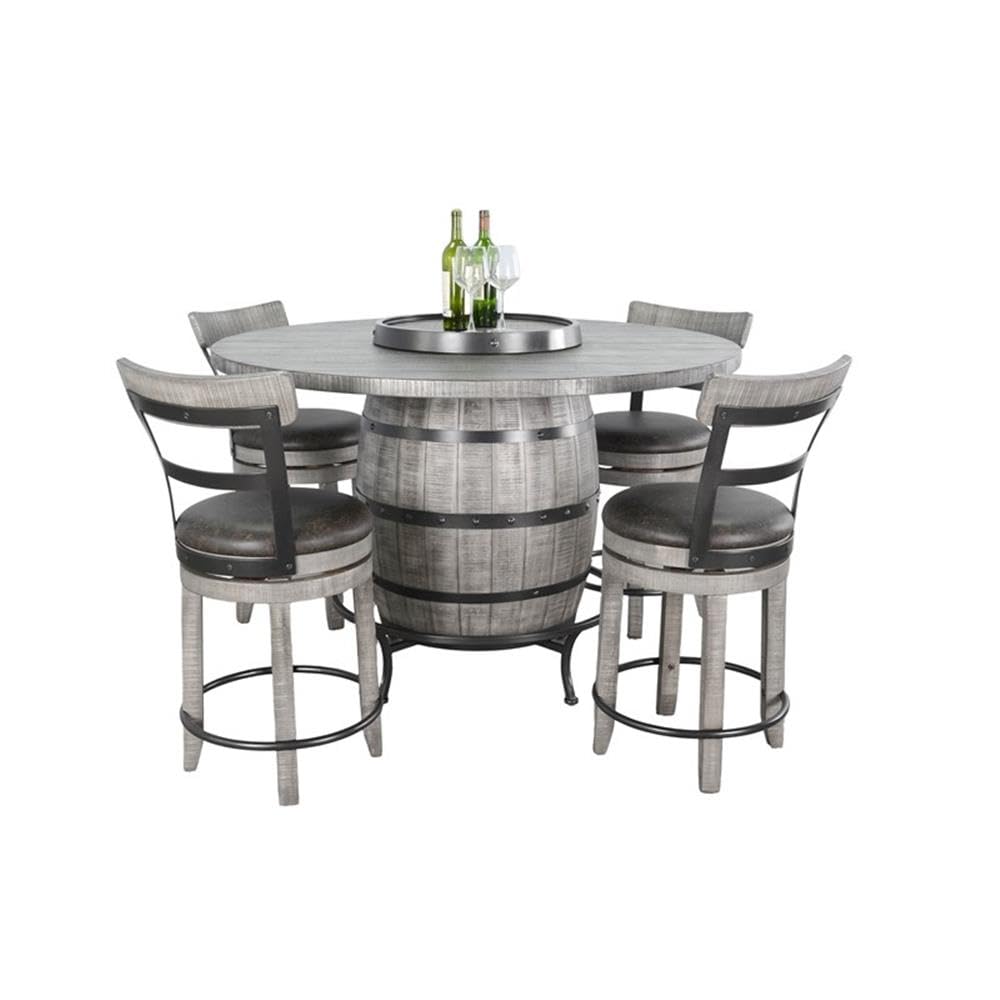 Pemberly Row Round 5-Piece Pub Table Set, Mahogany Wood, Wine Barrel Design with Lazy Susan Storage, Powder-Coated Metal Accents, Counter-Height Stools, Rustic Dining Room Furniture