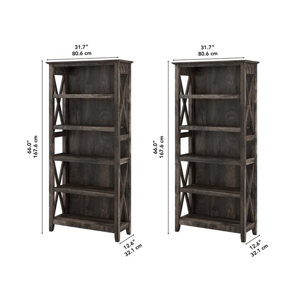 Bush Home Key West 5 Shelf Bookcase - Set of 2 | Tall Bookshelves in Dark Gray Hickory | Sturdy Display Shelves for Library, Living Room, and Home Office