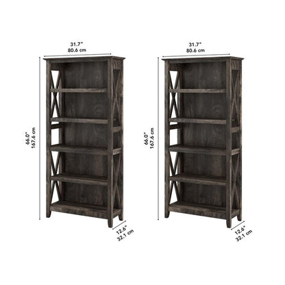 Bush Home Key West 5 Shelf Bookcase - Set of 2 | Tall Bookshelves in Dark Gray Hickory | Sturdy Display Shelves for Library, Living Room, and Home Office