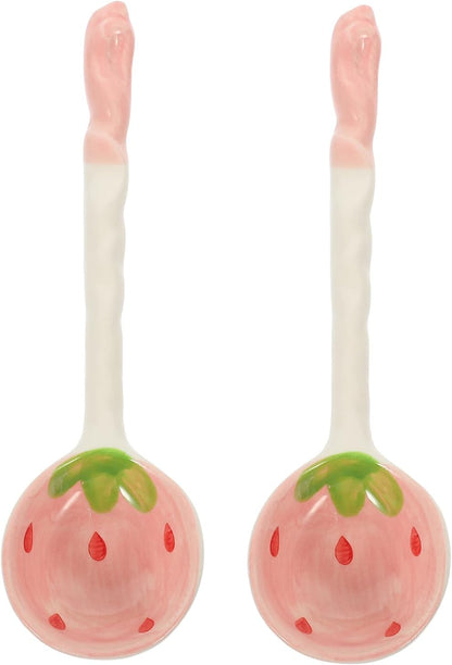 Housoutil 2PCS Strawberry Spoons, Cute Ceramic Soup Spoons, Long Handle for Breakfast, Cereal, Rice