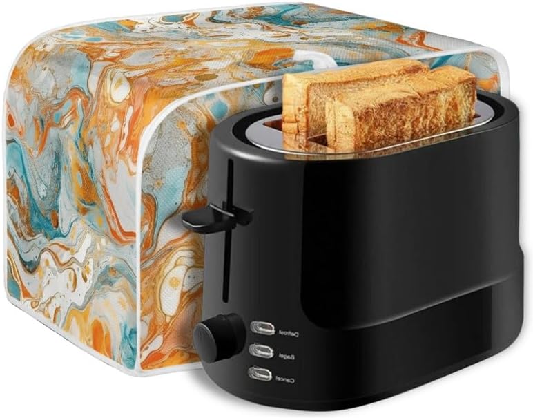 2 Slice Toaster Cover, Gold Cyan Marble Appliance Cover, Abstract Art Fluid Painting Universal Fit Wide Slot