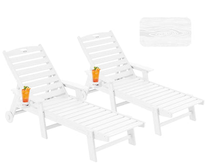 Serique Patio Chaise Lounge Chair Set of 2, Oversize Lounge Chairs with Wood Texture& Rolling Wheels, HDPE 6-Position Plastic Lounge Chairs for Poolside, Patio, Deck, Beach,White