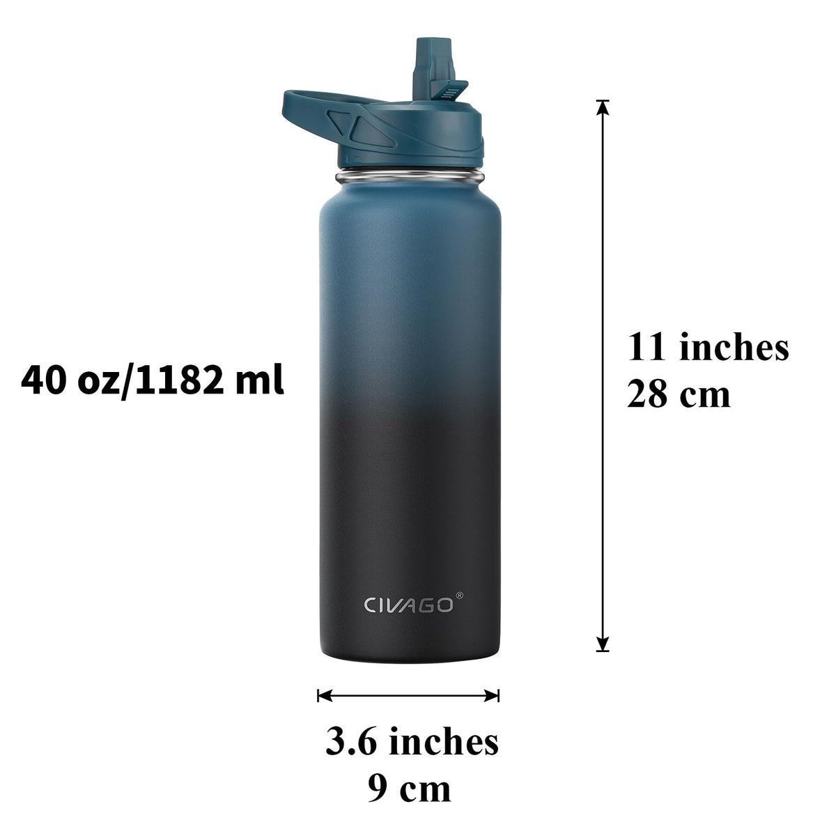 CIVAGO 40 oz Insulated Water Bottle With Straw, Stainless Steel Sports Water Cup Flask with 3 Lids (Straw, Spout and Handle Lid), Double Walled Travel Thermal Canteen Mug, Midnight Black