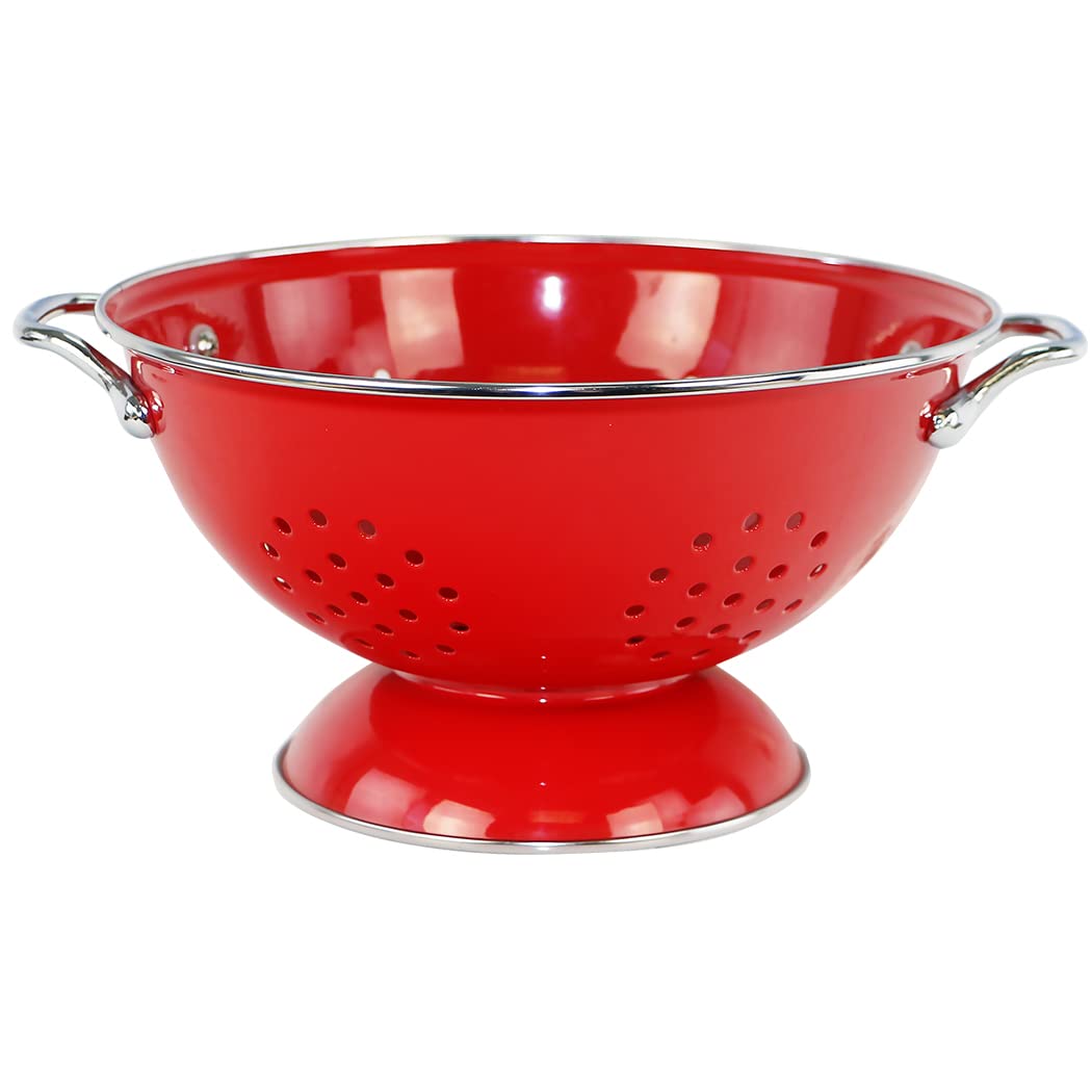 Reston Lloyd, 3 Quart Powder Coated Steel Kitchen Strainer Basket for draining Pasta, Vegetable and Fruit, Chrome Handles and Wide Stable Base, Red