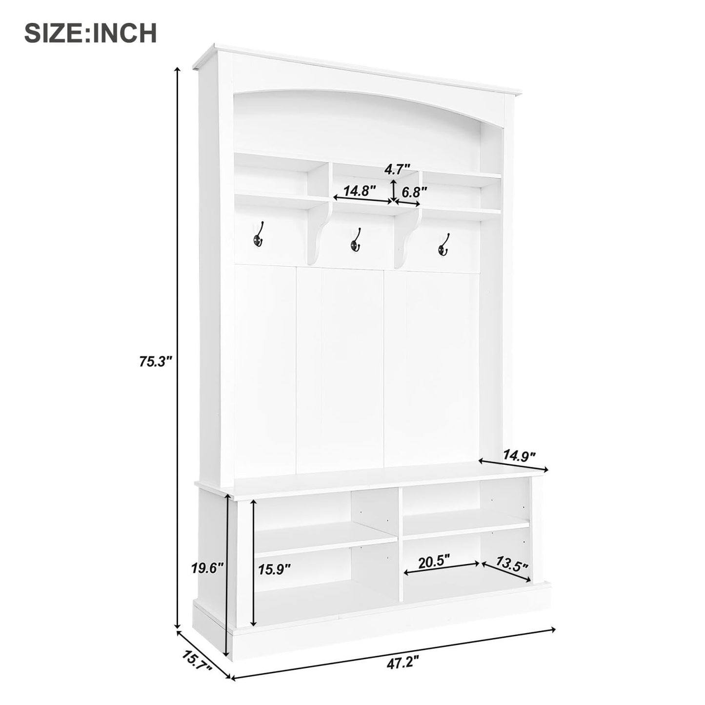 HEIDOUHEI Hall Tree with Bench Shoe Storage Entryway Coat Rack 47.2'' Wide Multi-Functional 3 Hanging Hooks Open Space Rectangle Shelves Farmhouse Boho Furniture Organizer Hallway